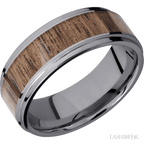 8 mm wide/Flat Grooved Edges/Tantalum band with one 5 mm Centered inlay of Walnut.