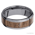 8 mm wide/Flat Grooved Edges/Tantalum band with one 5 mm Centered inlay of Walnut.