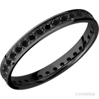 3 mm wide/Flat/Zirconium band with an Eternity arrangement of .03 carat Round Black Diamond stones in a Bead setting.