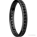 3 mm wide/Flat/Zirconium band with an Eternity arrangement of .03 carat Round Black Diamond stones in a Bead setting.