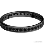 3 mm wide/Flat/Zirconium band with an Eternity arrangement of .03 carat Round Black Diamond stones in a Bead setting.