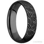 6 mm wide/Domed/Zirconium band with a laser carved Twisted Leaf pattern.