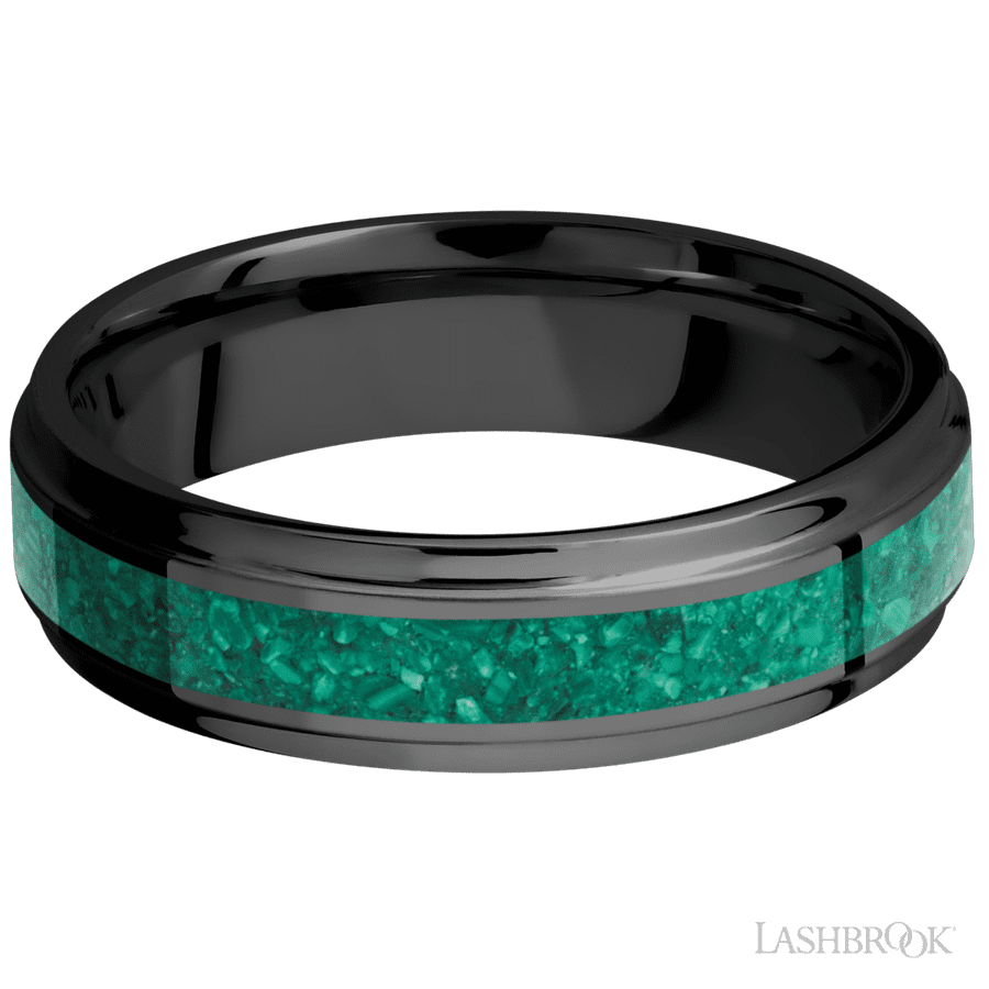 6 mm wide/Flat Grooved Edges/Zirconium band with one 3 mm Centered inlay of Malachite.