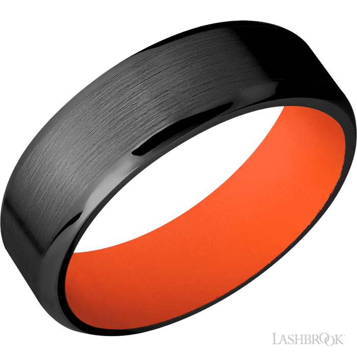 7 mm wide Beveled Zirconium band featuring a Hunter Orange sleeve.