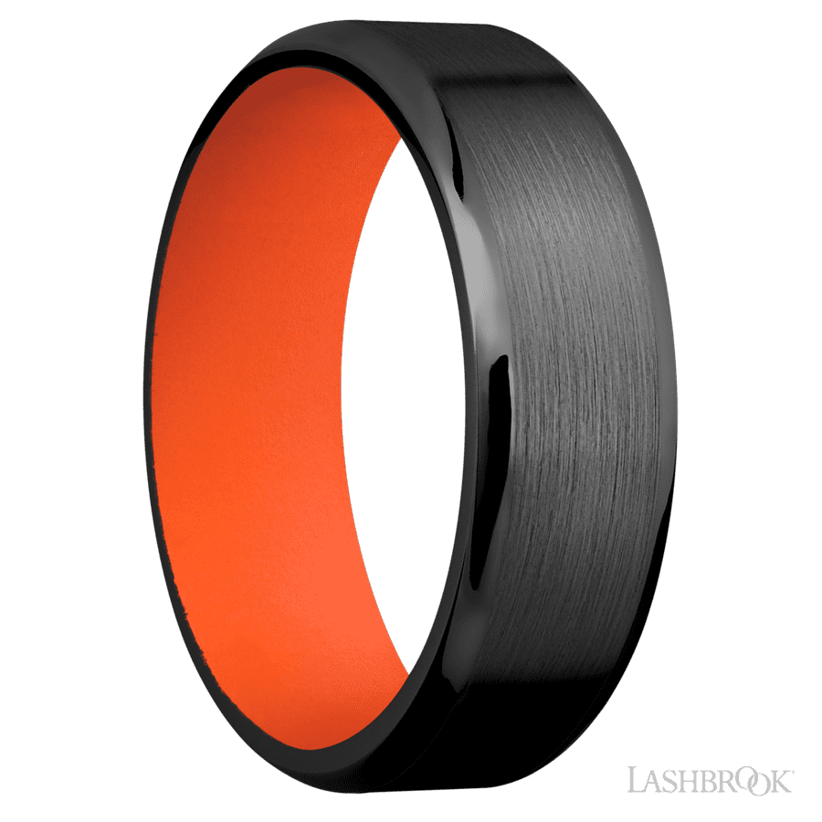 7 mm wide Beveled Zirconium band featuring a Hunter Orange sleeve.