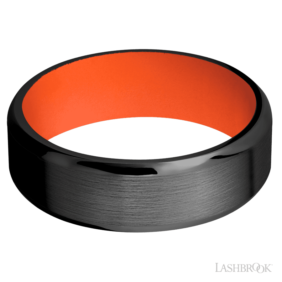 7 mm wide Beveled Zirconium band featuring a Hunter Orange sleeve.