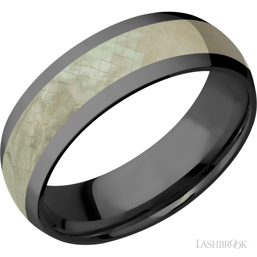 7 mm wide/Domed/Zirconium band with one 4 mm Centered inlay of Freshwater Mother of Pearl.