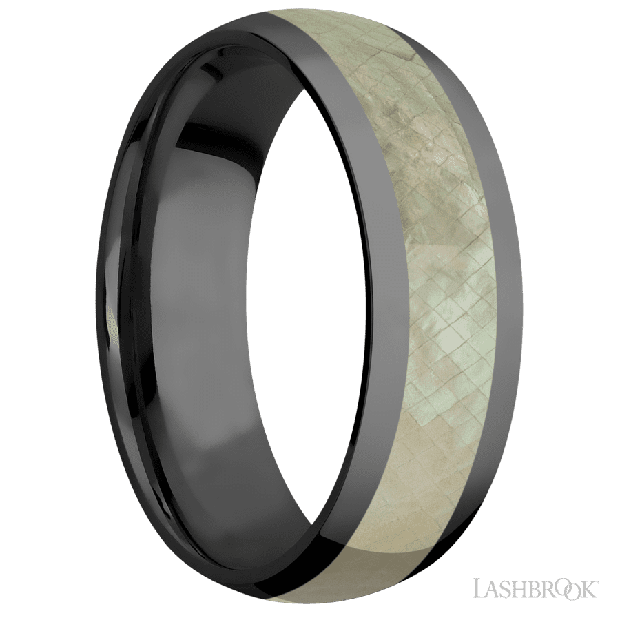 7 mm wide/Domed/Zirconium band with one 4 mm Centered inlay of Freshwater Mother of Pearl.