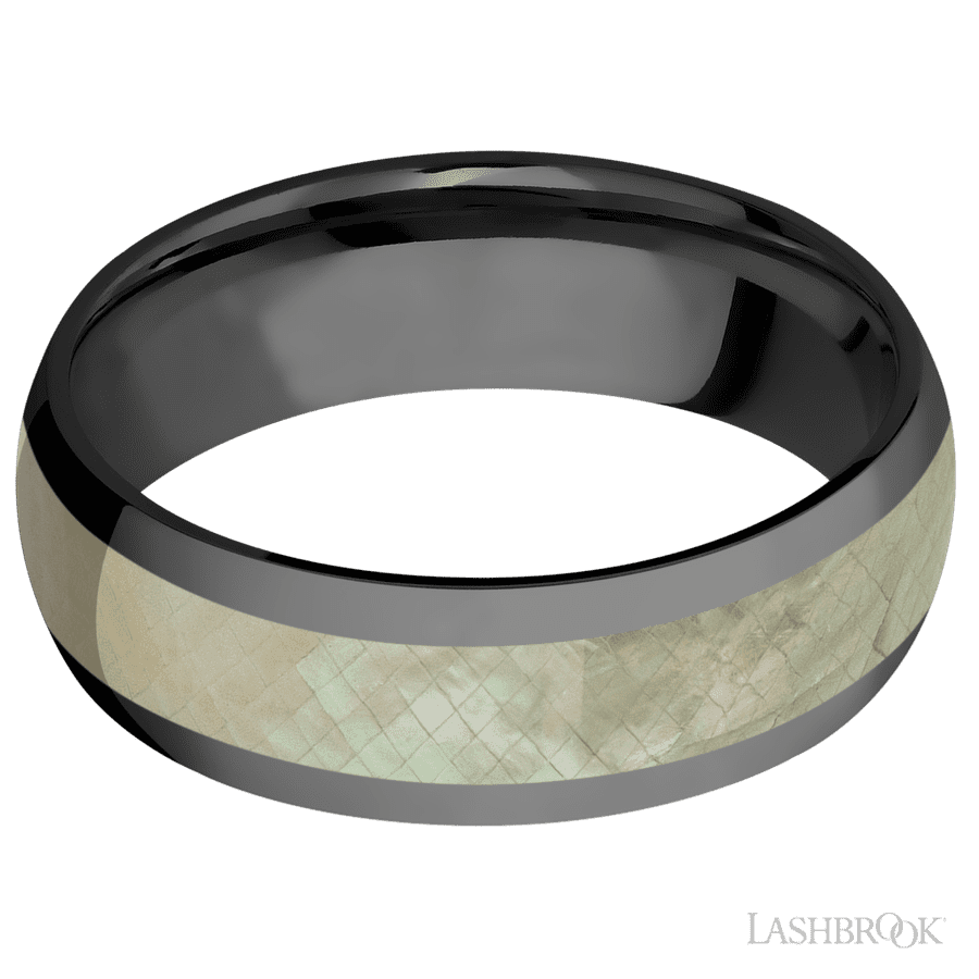 7 mm wide/Domed/Zirconium band with one 4 mm Centered inlay of Freshwater Mother of Pearl.