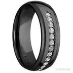 7 mm wide/Domed Stepped Down Edges/Zirconium band with a Half Eternity arrangement of .03 carat Round Diamond stones in a Bead setting.