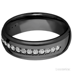 7 mm wide/Domed Stepped Down Edges/Zirconium band with a Half Eternity arrangement of .03 carat Round Diamond stones in a Bead setting.