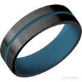 7 mm wide/Flat/Zirconium band with one 1 mm Centered inlay of Royal Blue also featuring a Royal Blue sleeve.