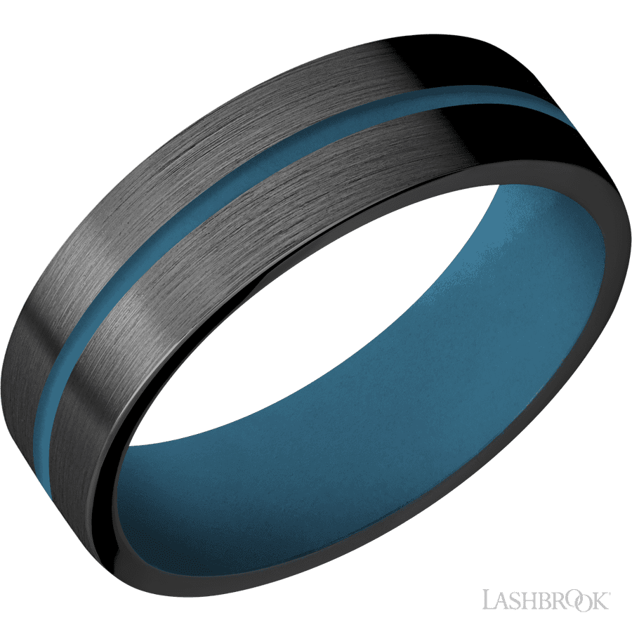 7 mm wide/Flat/Zirconium band with one 1 mm Centered inlay of Royal Blue also featuring a Royal Blue sleeve.