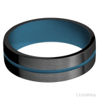 7 mm wide/Flat/Zirconium band with one 1 mm Centered inlay of Royal Blue also featuring a Royal Blue sleeve.