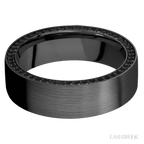 7 mm wide/Flat/Zirconium band with a Side Eternity arrangement of .01 carat Round Black Diamond stones in a Bead setting.
