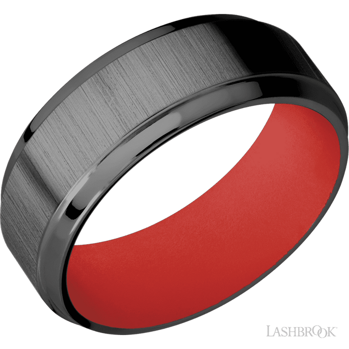 8 mm wide Stepped Bevel Zirconium band featuring a USMC Red sleeve.