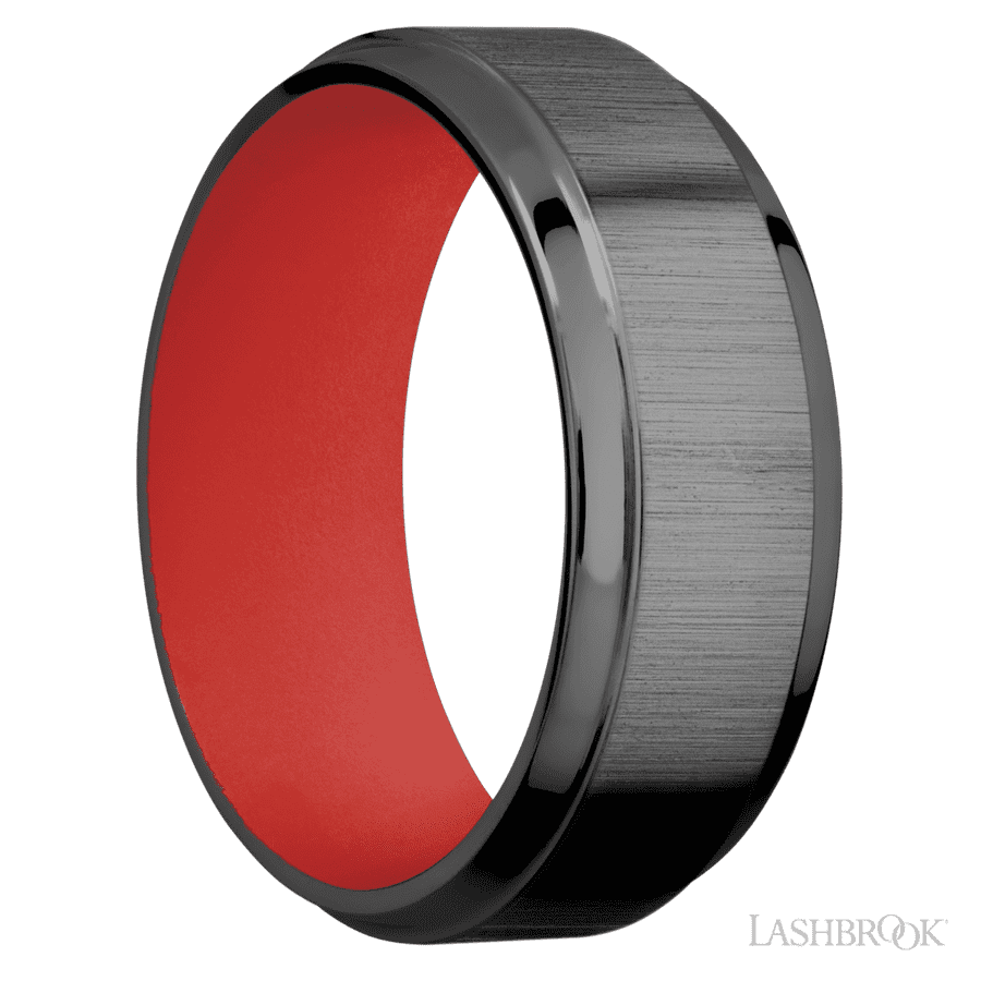 8 mm wide Stepped Bevel Zirconium band featuring a USMC Red sleeve.