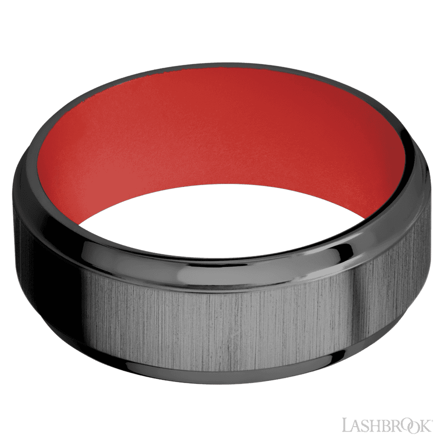 8 mm wide Stepped Bevel Zirconium band featuring a USMC Red sleeve.