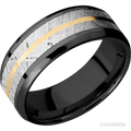 8 mm wide/Beveled/Zirconium band featuring inlays of Meteorite and 14K Yellow Gold.
