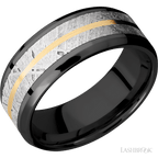 8 mm wide/Beveled/Zirconium band featuring inlays of Meteorite and 14K Yellow Gold.