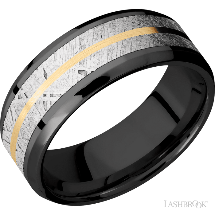 8 mm wide/Beveled/Zirconium band featuring inlays of Meteorite and 14K Yellow Gold.