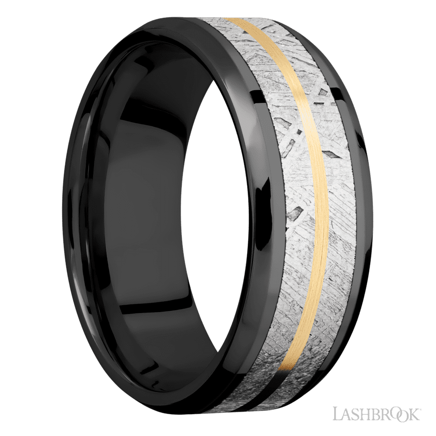 8 mm wide/Beveled/Zirconium band featuring inlays of Meteorite and 14K Yellow Gold.
