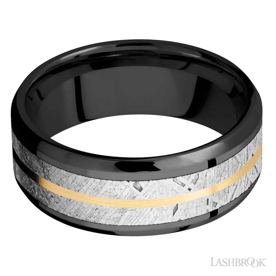 8 mm wide/Beveled/Zirconium band featuring inlays of Meteorite and 14K Yellow Gold.