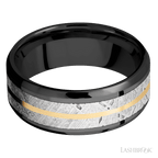 8 mm wide/Beveled/Zirconium band featuring inlays of Meteorite and 14K Yellow Gold.