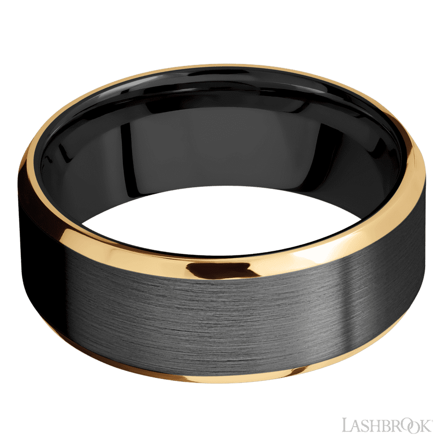 8 mm wide/Beveled/Zirconium band with two 1 mm Edge inlays of 14K Yellow Gold.