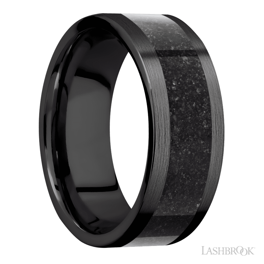 8 mm wide/Flat/Zirconium band with one 5 mm Centered inlay of Dinosaur Bone Black.