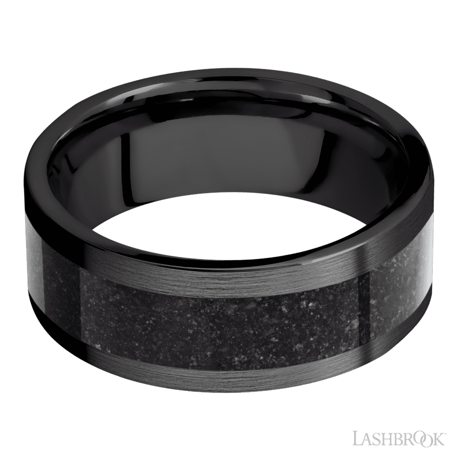 8 mm wide/Flat/Zirconium band with one 5 mm Centered inlay of Dinosaur Bone Black.