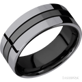 8 mm wide/Flat/Zirconium band with two 3 mm Double Off Center Edge inlays of Tantalum.