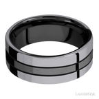 8 mm wide/Flat/Zirconium band with two 3 mm Double Off Center Edge inlays of Tantalum.