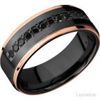 8 mm wide/Flat Grooved Edges/Zirconium band with a Half Eternity arrangement of .03 carat Round Black Diamond stones in a Bead setting and featuring two 1 mm Edge inlays of 14K Rose Gold