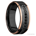 8 mm wide/Flat Grooved Edges/Zirconium band with a Half Eternity arrangement of .03 carat Round Black Diamond stones in a Bead setting and featuring two 1 mm Edge inlays of 14K Rose Gold
