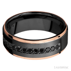 8 mm wide/Flat Grooved Edges/Zirconium band with a Half Eternity arrangement of .03 carat Round Black Diamond stones in a Bead setting and featuring two 1 mm Edge inlays of 14K Rose Gold