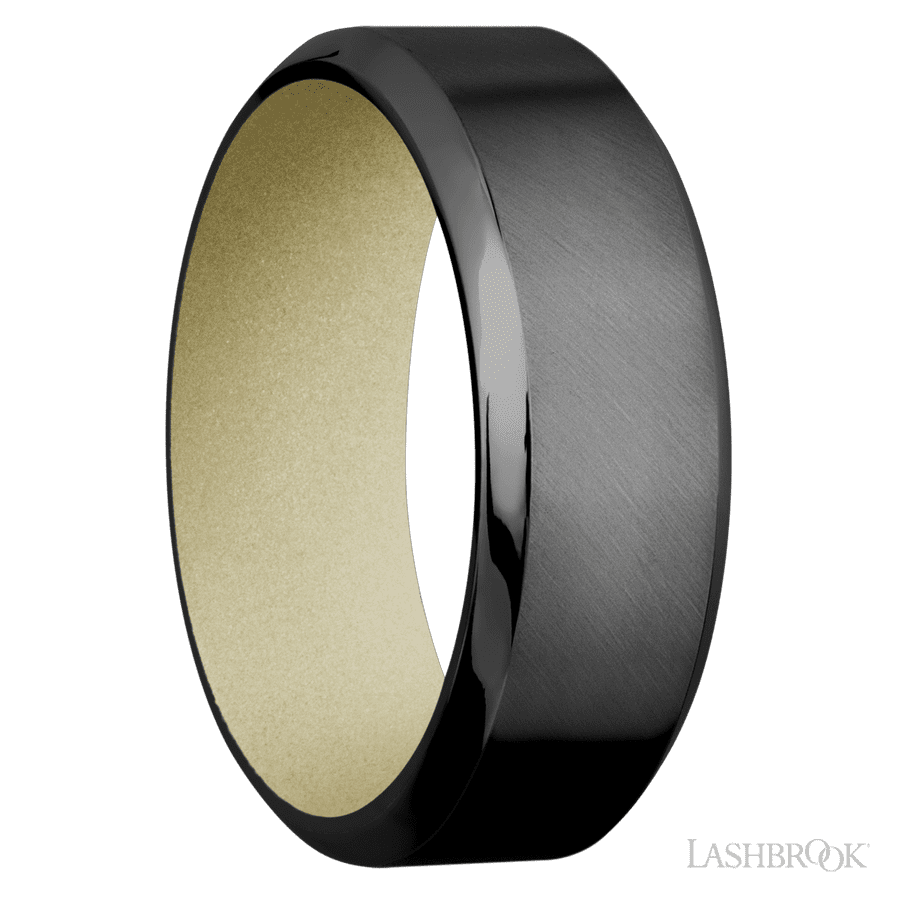8 mm wide High Bevel Zirconium band featuring a Bright Nickel sleeve.