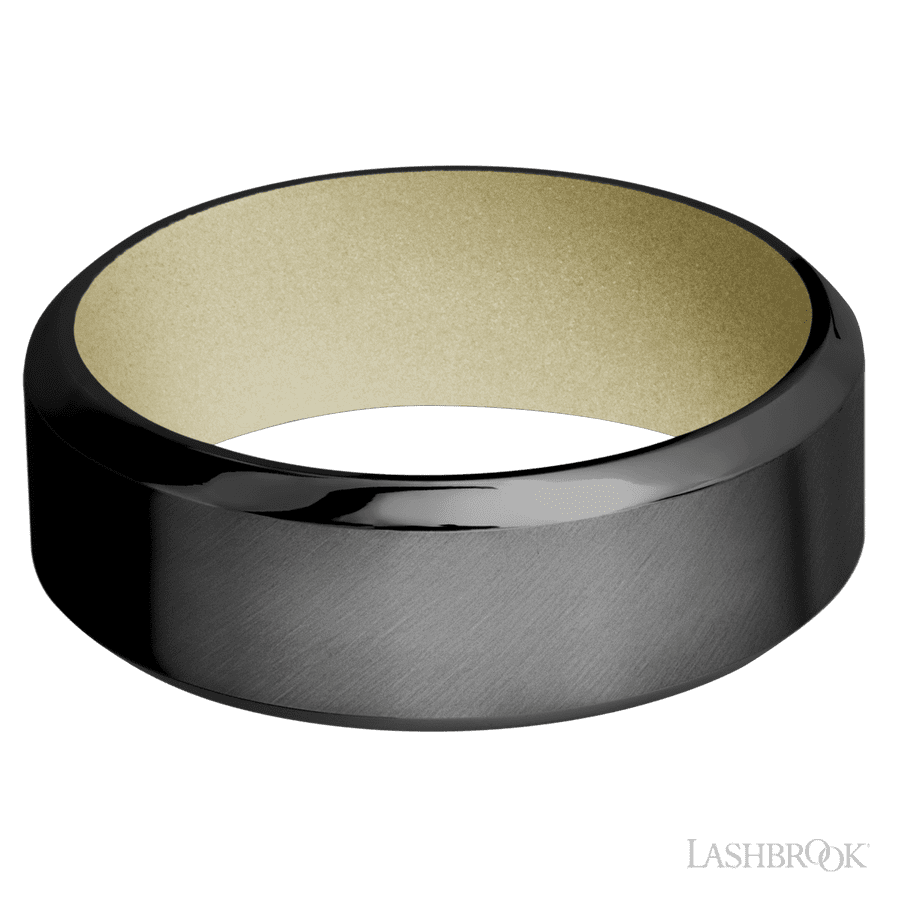 8 mm wide High Bevel Zirconium band featuring a Bright Nickel sleeve.