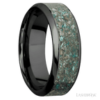 8 mm wide/High Bevel/Zirconium band with one 5 mm Centered inlay of Ocean Jasper.