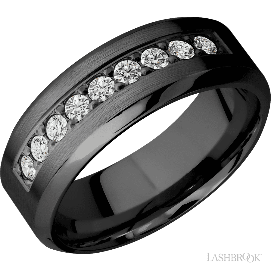 "8 mm wide/High Bevel/Zirconium band with an  arrangement of 9, .05 carat Round Diamond stones in a Bead setting."