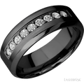 "8 mm wide/High Bevel/Zirconium band with an  arrangement of 9, .05 carat Round Diamond stones in a Bead setting."