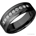 "8 mm wide/High Bevel/Zirconium band with an  arrangement of 9, .05 carat Round Diamond stones in a Bead setting."