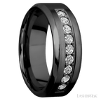 "8 mm wide/High Bevel/Zirconium band with an  arrangement of 9, .05 carat Round Diamond stones in a Bead setting."