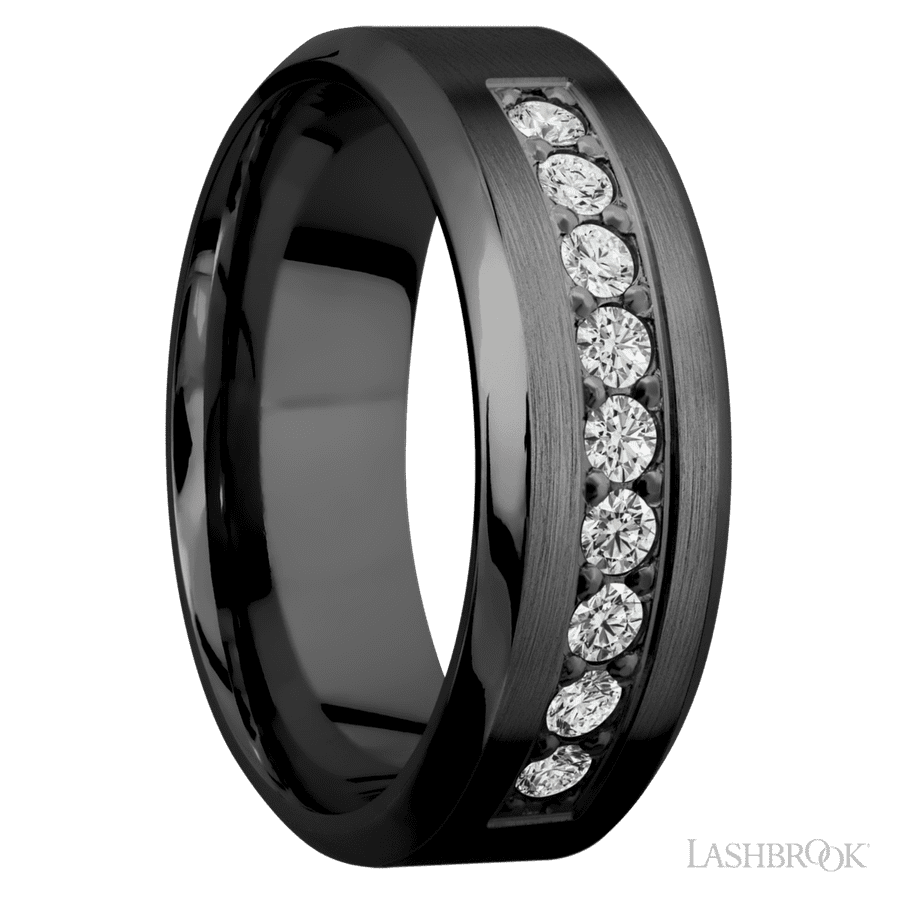 "8 mm wide/High Bevel/Zirconium band with an  arrangement of 9, .05 carat Round Diamond stones in a Bead setting."