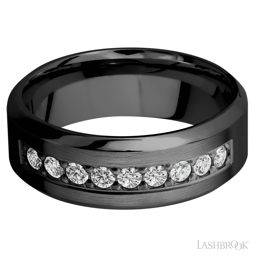 "8 mm wide/High Bevel/Zirconium band with an  arrangement of 9, .05 carat Round Diamond stones in a Bead setting."