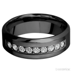 "8 mm wide/High Bevel/Zirconium band with an  arrangement of 9, .05 carat Round Diamond stones in a Bead setting."