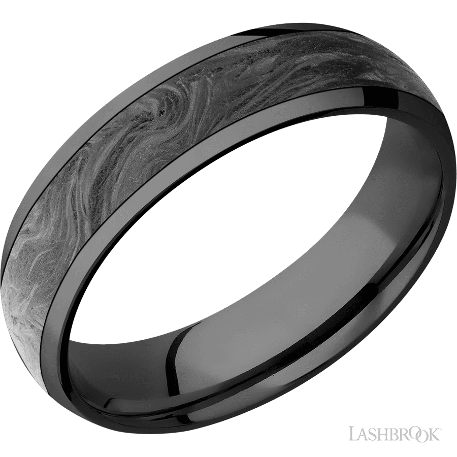 6 mm wide/Domed/Zirconium band with one 4 mm Centered inlay of Forged Carbon Fiber.