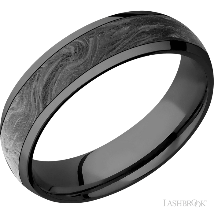 6 mm wide/Domed/Zirconium band with one 4 mm Centered inlay of Forged Carbon Fiber.