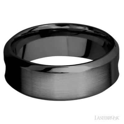 8 mm wide/High Bevel/Zirconium band featuring inlays of Forged Carbon Fiber and Red Apple.