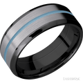 8 mm wide/Beveled/Zirconium band featuring inlays of Tantalum and Polar Blue.